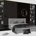 Modern Bedroom Interior Design With Tufted Headboard Round Mirror Bookshelves And Accent Pillows