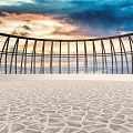 Scenic Coastal Landscape With Metal Railing Stone Paved Floor And Vibrant Sunset Sky