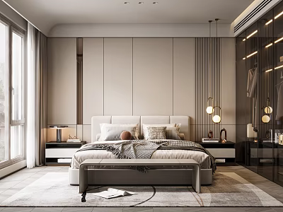 Modern Bedroom Interior With Beige Walls Large Windows Nightstands Pendant Lights And Area Rug 3d model
