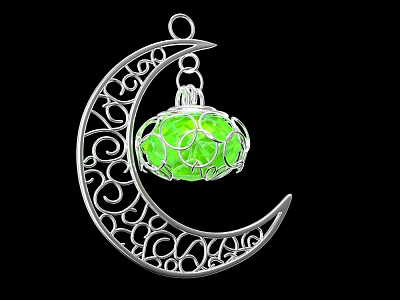 Intricate Decorative Silver Crescent Filigree Pendant With Green Spherical Glass Ornament 3d model