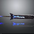 Mythical Glowing Sword with Blue Luminous Brown Purple Hilt Large Blade and Reflective Surface