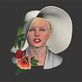 Female Bust Wearing Wide Brimmed White Hat With Green Decorations And Red Roses