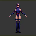 Stylized 3D Model Character With Purple Hair Blue Outfit Red Stripes And Arm Leg Guards