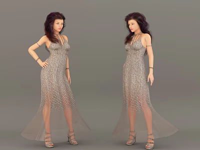 Elegant Woman In Silver Mesh Halter Neck Long Dress With High Heels 3d model