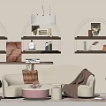 Curved Beige Sofa with Round Coffee Table Set Arched Shelves Decorative Items and Pendant Light
