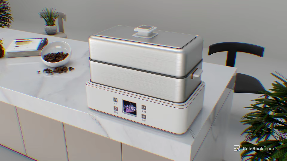 Silver Double Layer Kitchen Appliance With Digital Display On Marble Countertop And Coffee Beans 3d model 