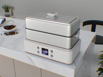 Silver Double Layer Kitchen Appliance With Digital Display On Marble Countertop And Coffee Beans 3d model