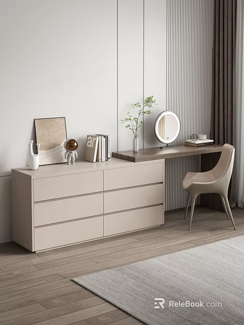 Light Beige Modern Dressing Table With Drawers Round Mirror Books Green Plant And Matching Chair 3d model 