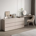 Light Beige Modern Dressing Table With Drawers Round Mirror Books Green Plant And Matching Chair
