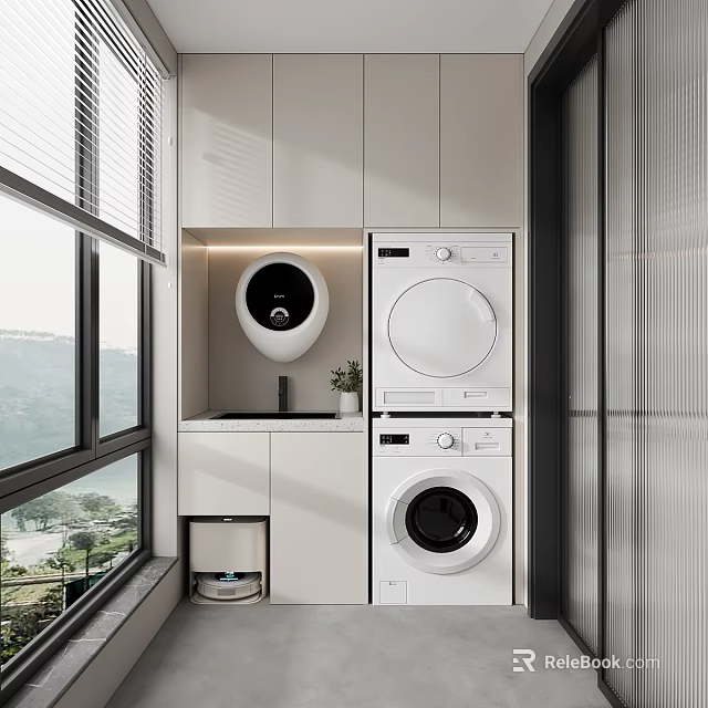 Modern Home Balcony Interior With Stacked Washer Dryer Storage Cabinets And Large Window View 3d model 