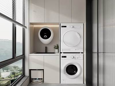 Modern Home Balcony Interior With Stacked Washer Dryer Storage Cabinets And Large Window View 3d model