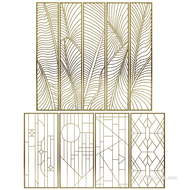 Modern Decorative Room Dividers With Feather And Geometric Patterns 3d model 