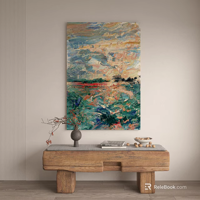 Abstract Painting On Wall Above Wooden Table With Vase Books And Decor 3d model 