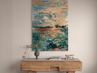 Abstract Painting On Wall Above Wooden Table With Vase Books And Decor 3d model