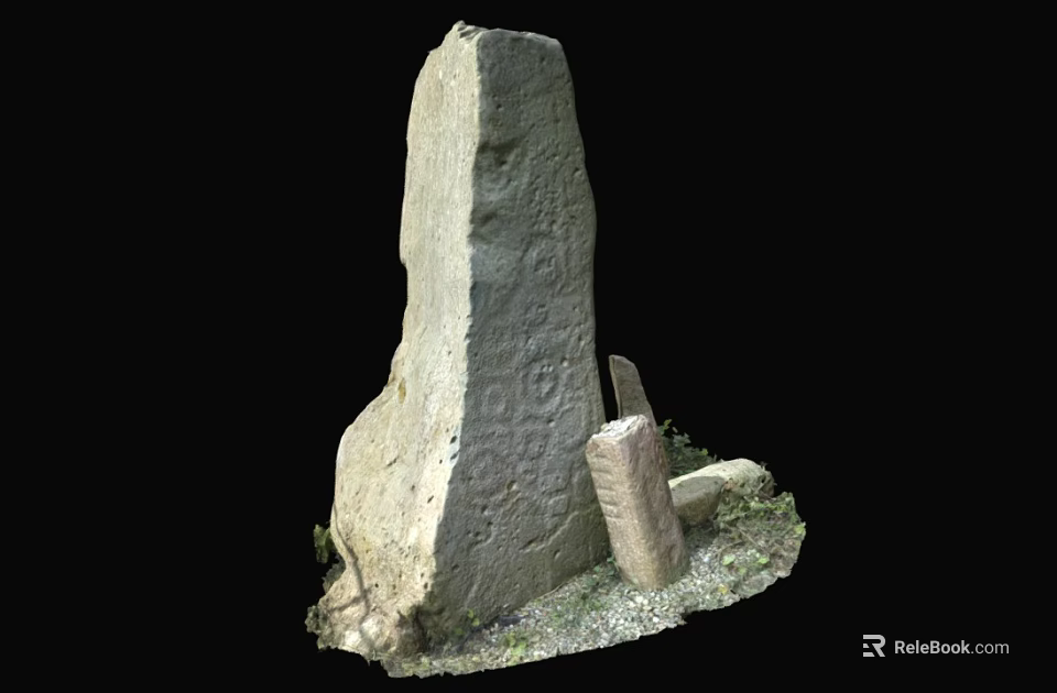 Ancient Stone Stela Surrounded By Small Stones And Grass In Historical Site 3d model 