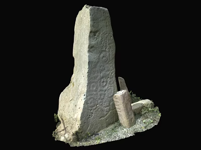 Ancient Stone Stela Surrounded By Small Stones And Grass In Historical Site 3d model