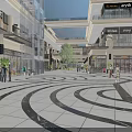 Modern Commercial Street With Pedestrians Shops And Circular Patterned Pavement