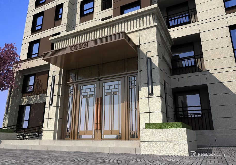 Elegant Entrance Gate With Glass Doors Stone Facade Balconies And Greenery Accents 3d model 