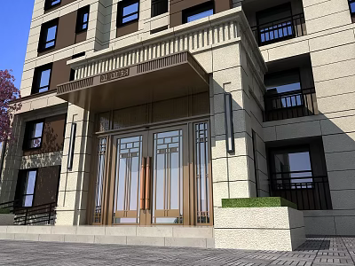 Elegant Entrance Gate With Glass Doors Stone Facade Balconies And Greenery Accents 3d model