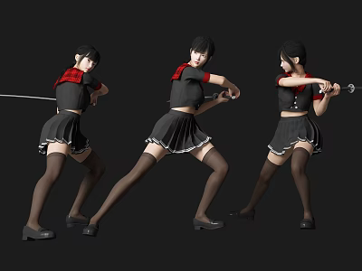 Women In Black Skirt Red Sleeved Top And Black Stockings Holding Sword In Different Poses 3d model