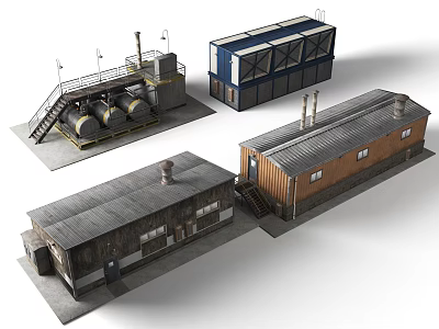 Industrial Buildings with Metal Roofs Chimneys Storage Tanks and Brown Blue Structures 3d model