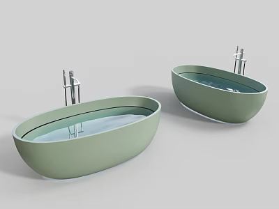 Two Light Green Oval Bathtubs With Water And Silver Faucets On Light Gray Background 3d model