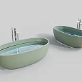 Two Light Green Oval Bathtubs With Water And Silver Faucets On Light Gray Background