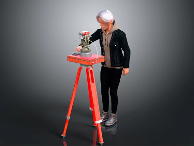 White Haired Person Using Green Tool On Red Tripod Workbench 3d model