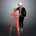 White Haired Person Using Green Tool On Red Tripod Workbench