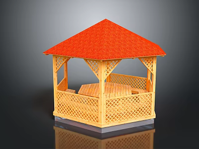 Wooden Gazebo Building With Red Shingled Roof And Latticed Railings Outdoor Design 3d model