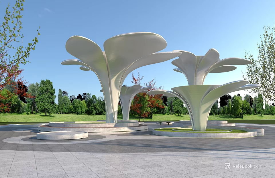 Modern Flower Shaped White Pergola In Outdoor Park With Green Trees And Open Plaza 3d model 