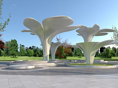 Modern Flower Shaped White Pergola In Outdoor Park With Green Trees And Open Plaza 3d model