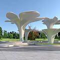 Modern Flower Shaped White Pergola In Outdoor Park With Green Trees And Open Plaza