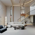 Modern Duplex Living Room Interior Design With Staircase Hanging Chandelier Sofa And Plants
