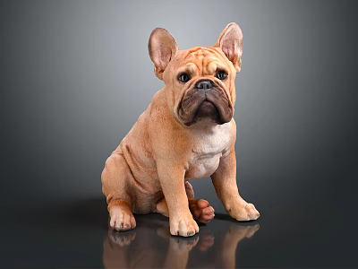 Cute Light Brown French Bulldog Puppy Sitting Calmly On Reflective Smooth Gray Surface 3d model