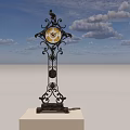 Ornate Iron Floor Clock With Golden Dial Marble Base Against Light Colored Wall Background