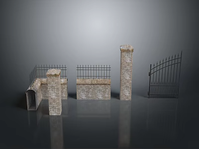 Scenic Landscape With Stone Pillars Iron Gates And Stone Wall Structures 3d model