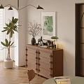 Wooden Decorative Cabinet With Green Plant Flower Branches Artwork And Table Lamp
