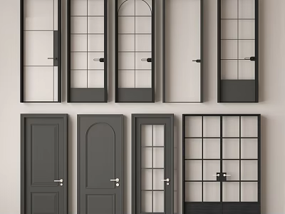Modern Hinged Doors Showcasing Various Glass Insert Designs Solid Panels And Gray Finishes 3d model