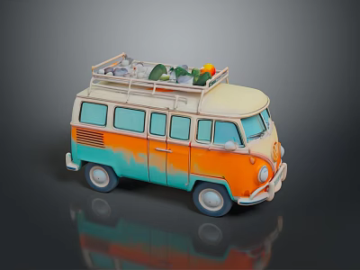 Vintage Orange And Turquoise Camper Bus With Roof Rack And Luggage 3d model