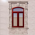 Red Window With Arched Top Marble Frame And Blue Sky On Gray Wall