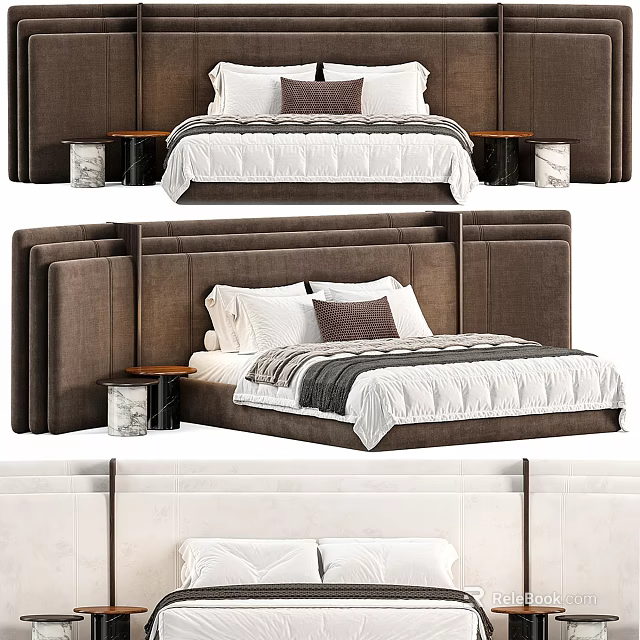 Modern Double Bed Interior With Upholstered Headboard White Bedding And Wooden Nightstands 3d model 