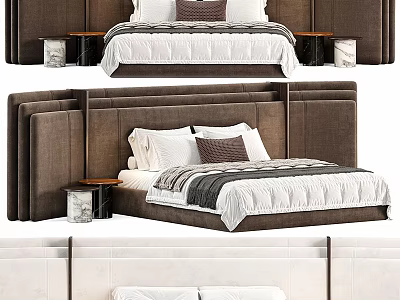 Modern Double Bed Interior With Upholstered Headboard White Bedding And Wooden Nightstands 3d model