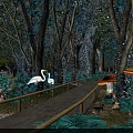 Enchanted Night Forest Scene With Glowing Trees Cranes Rabbits And Wooden Bridge