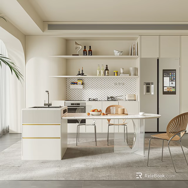 Modern Kitchen Interior Design With Open Concept Island Counter And Dining Chairs 3d model 