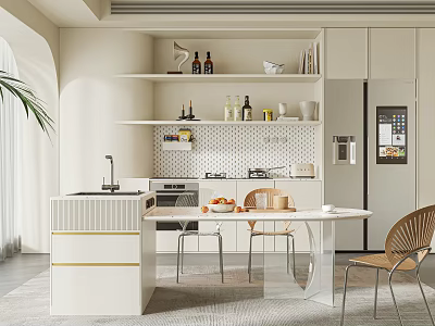 Modern Kitchen Interior Design With Open Concept Island Counter And Dining Chairs 3d model