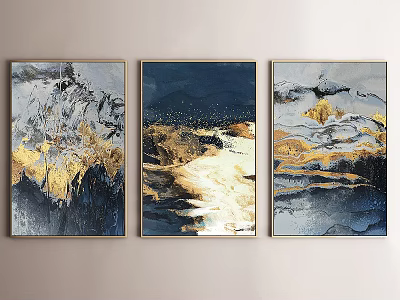 Abstract Wall Art Set of Three with Blue White Gold Modern Framed Paintings 3d model