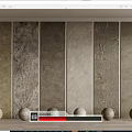 Natural Stone And Wood Panels With Various Textures Display On Wooden Floor With Spheres