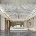 Luxurious Modern Sales Office Lobby With Crystal Chandelier Marble Wall Landscape Pattern And Wooden Grilles