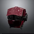 Red Mechanical Weapon Helmet With Two Black Circular Lenses White Splatters And Metal Base